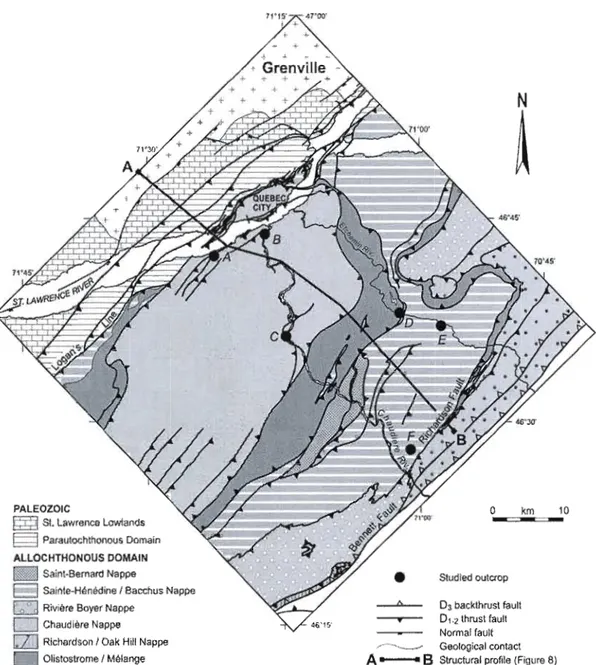 Figure 1.2:  Geological  map of the  external  Humber zone in the  Chaudière River region (Modified  l'rom Castonguay  el al