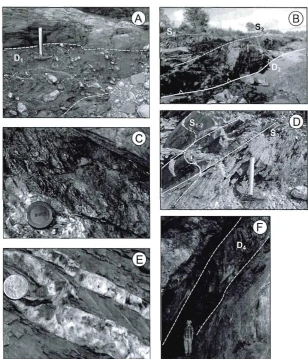 Figure  1.4:  Field  photographs illustrating the  nature of the  defonnation  in  the southem Quebec  Appalachians:  A)  D,  thrust fault  and related tectonic mélange at  Outcrop G on  the southem shore of the  Saint Lawrence River in the Rivière-du-Loup