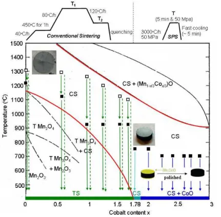 Figure  1:  Phase  diagram  for   Mn 3-x Co x O 4   with  0<x≤3.  TS  and  CS  correspond  to  Tetragonal  and  Cubic  Spinel  structures,  respectively