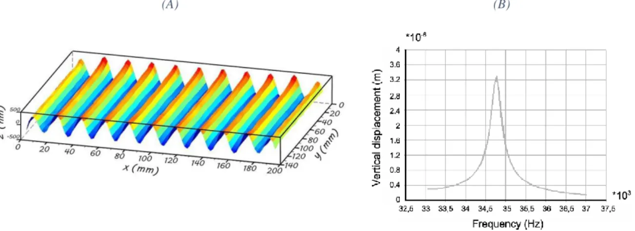 Figure 1-20: Simulation of the dynamics of the resonating plate before its creation. (A) Longitudinal lamb wave,  propagating in the direction of the long axis of the rectangular plate