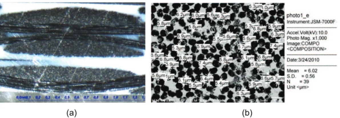 Figure 2: (a) micrographic of three ply fabric specimens (meso-scale), (b) size and  arrangement of the micro fibers in the yarn
