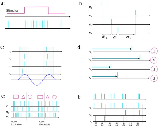 Figure 4.2: Spike information coding strategies a)Rate coding, b)Latency coding, c)Phase coding, d)Rank-coding (spike-order coding), e)Population coding, f ) Sparse coding.