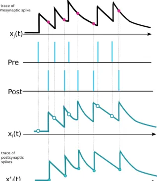 Figure 4.12: Triplet STDP model using local variables. The spikes of presynaptic neuron j contribute to a trace x j (t ), the spikes of postsynaptic neuron i contribute to a fast trace x i (t ) and a slow trace x i0 (t ).