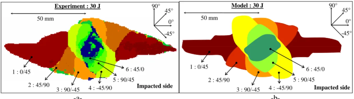 Figure 9. Experimental (a) and modelled (b) delaminations 