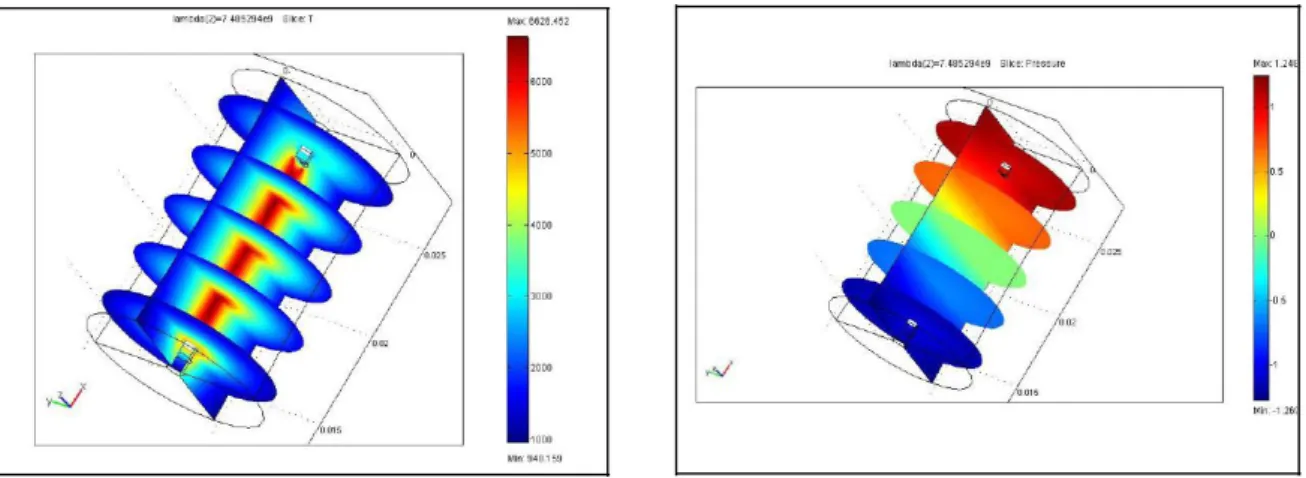 Fig. 2-3  Profil spatial de température réelle (a), et la distribution de pression par résonance acoustique (b),  dans une lampe métal-hélium haute pression 150W 