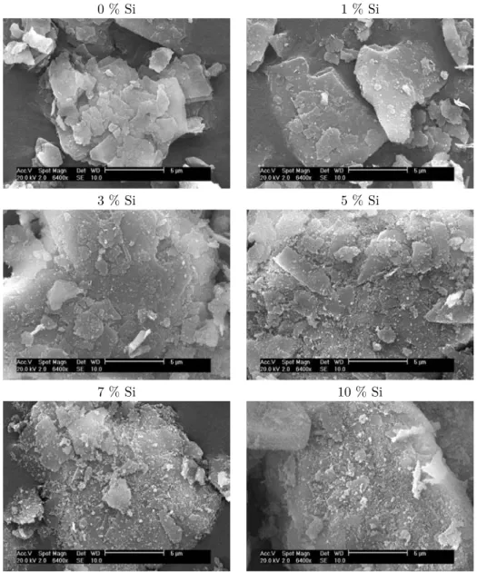 Figure 5.7 − Talc J enrobé au BBP10 avec différentes concentrations de silice hydrophobe (x 6400)