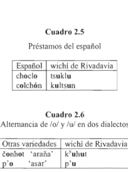 Cuadro 2.5  Préstamos dei  espanol  Espanol  wichî de  Rivadavia  choclo  tsuklu 
