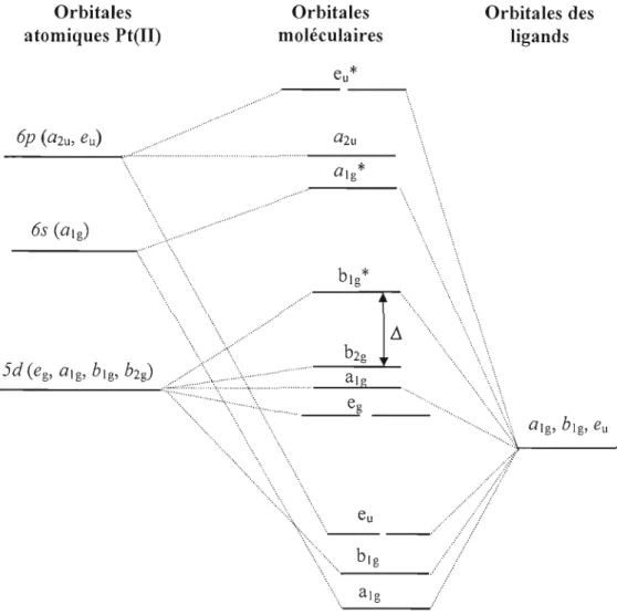 Figure 1.2	  Diagramme des  orbitales moléculaires pour un  complexe  plan  carré de  symétrie  D 4h  (sans  liens  n)