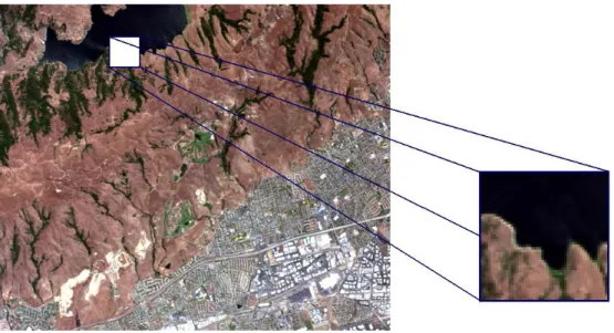 Figure 1.9 – Données hyperspectrales réelles : image de Moffett field acquise par AVIRIS en 1997 (à gauche) et la région d’intérêt représenté en couleurs réelles (à droite).