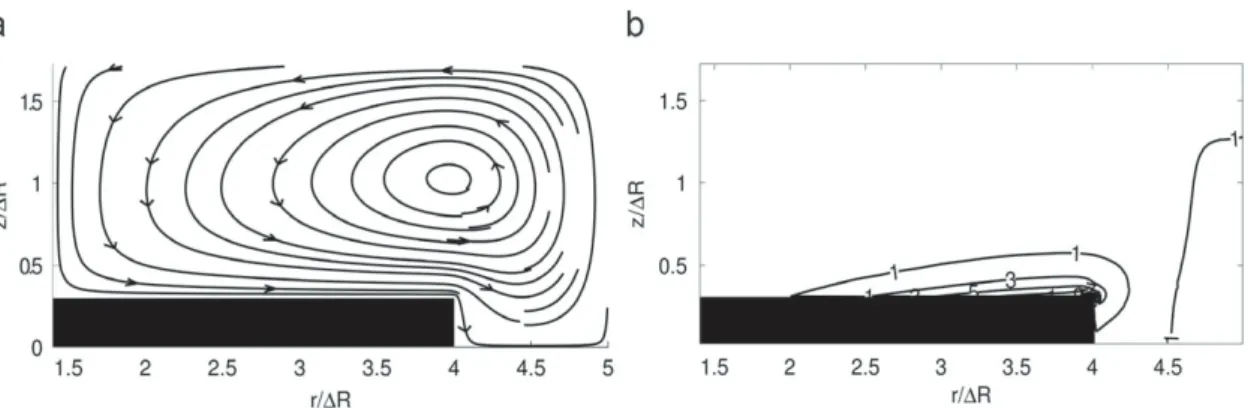 Fig. 5. Streamlines on the left (a) and contour levels of the non-dimensional viscous energy dissipation rate on the right (b) for a Newtonian fluid, Re ¼ 458.