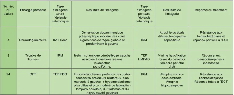 Tableau 7: imagerie pendant et avant la catatonie 