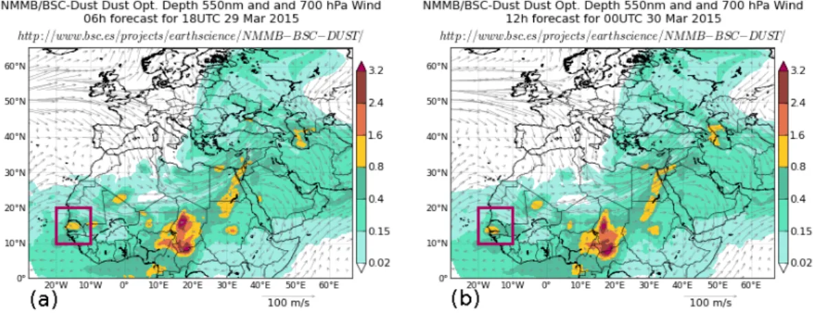 Figure 6. NMMB/BSC-Dust model over Africa and Europe on 29 March 2015. AOD values forecasted by the model ranged from 0.8 to 1.6 at 550 nm