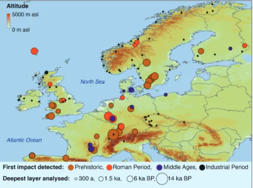 Figure 1: Map of atmospheric Pb contamination in Europe reconstructed using age-dated peat cores