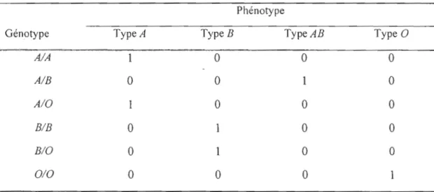 Tableau  1.1  Relation entre  génotypes et  phénotypes au  gène ABD  Phénotype 