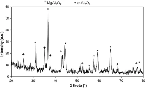 Fig. 7. TEM observations of the oxide layer formed inside the specimen during 100 h of annealing at 1050 °C: left: view of the specimen, right: SAD patterns of α-Al 2 O 3 oxide layer below the MgAl 2 O 4 layer.