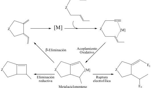 Figura 12. Esquema general del ciclo catalítico a través de la formación de un metalaciclopenteno