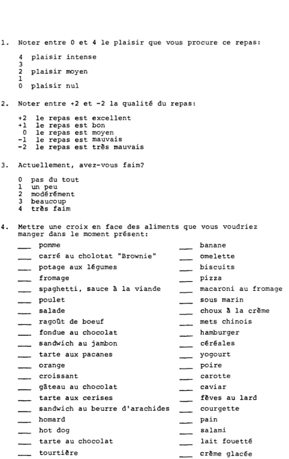 TABLEAU 3 : QUESTIONNAIRE PRESENTE AUX SUJETS, AU DEBUT ET A LA  FIN DU REPAS AINSI QU'A LA FIN DE L'EXPERIENCE (90  MINUTES APRES LE DEBUT DE L'INGESTION)
