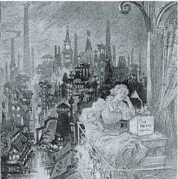Fig.  2.1  : Une  lectrice  du  20 e  siècle,  imaginée  par  Robida,  faisant  l'écoute  des  «  12  poètes  assortis» au  milieu d'une ville dufutur
