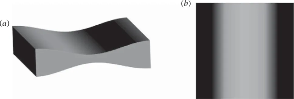 Figure 2. Illustration of the gap variations z − given in (5.1) in perspective view for (a) and with greyscale variations (identically scaled) in the (X, Y ) plane in (b)