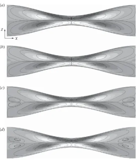 Figure 3. Steady-streaming streamlines in continuous lines and vertical velocity ﬁeld w 1s in greyscale for various Womersley numbers α