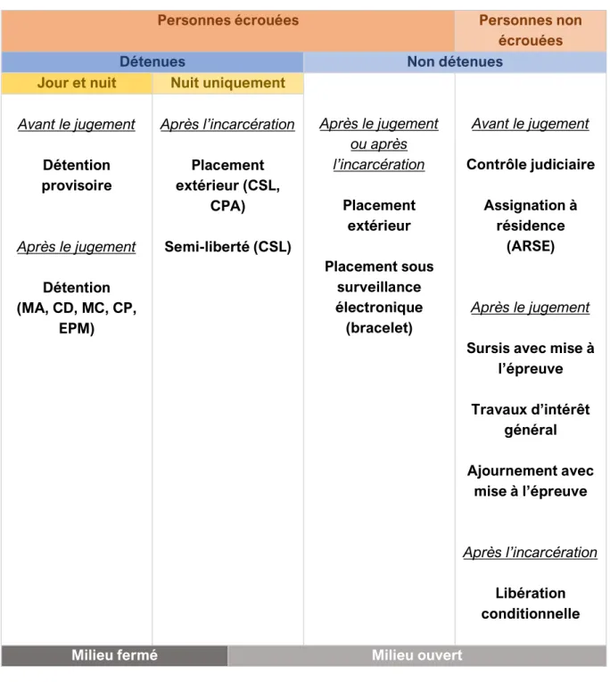 Tableau  1.  Les  grandes  catégories  d’exécution  de  la  peine  pour  les  personnes  placées sous main de justice, condamnées ou en attente de jugement, d’après (22)