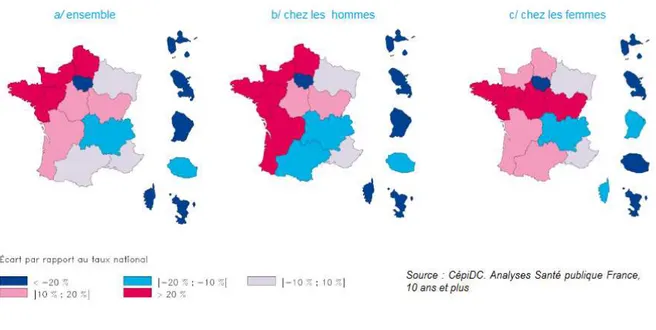 Figure 1 « Ecart régionaux par rapport aux taux national des taux de mortalité suicidaire standardisés sur l’âge  pour 100 000 habitants, 2015 » 