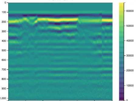 Figure 1.4: Example of a GPR radargram profile and a 3D cube generated from the interpolation of multiple  profiles