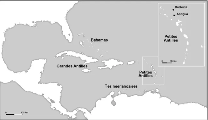 Figure 1 : La mer des Caraïbes et les principaux groupes insulaires. Adapté de Andrée Héroux