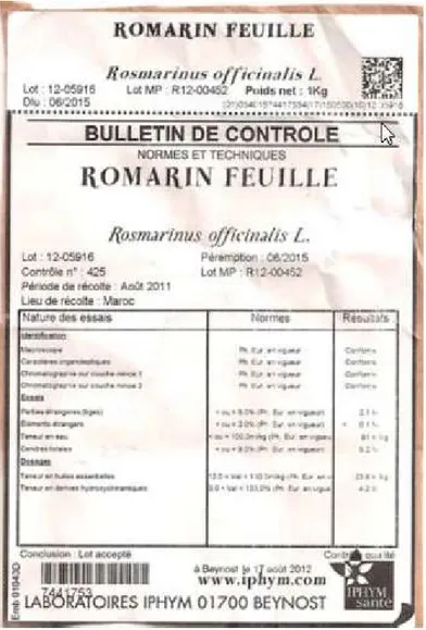 Figure 2.  Bulletin de contrôle Rosmarinus officinalis L., Lamiaceae [13] 