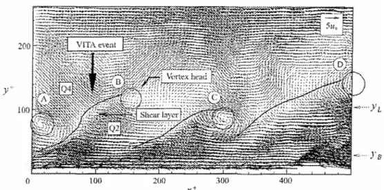Fig 1. 4 - Mise en évidence de 4 structures en épingles, obtenues par mesure PIV (Adrian et al