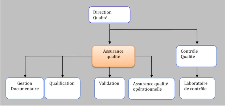Figure	4:	Organigramme	d’un	département	qualité	 Direction	 Qualité	 Contrôle	 Qualité	Assurance	qualité	 Validation	Gestion	 Documentaire	 Qualification	 Laboratoire	de	contrôle	Assurance	qualité	 opérationnelle	