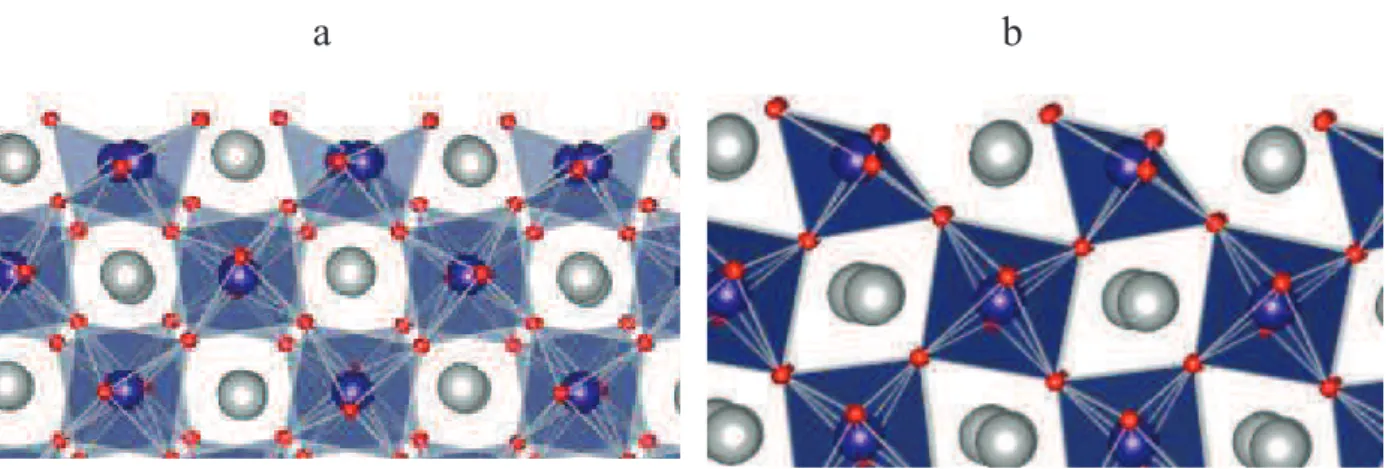Figure 15 : Structure des surfaces a) (121) et b) (100) de LaFeO3 atomes : gris : lanthane,  violet: Fer, rouge: O 