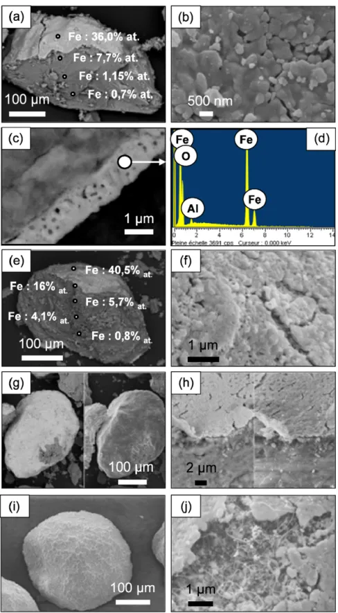 Fig. 6. SEM-EDS observations of (a) to (d) catalyst at step 1; (e) and (f) catalyst at step 2; (g) and (h) catalyst at step 3; (i) and (j) MWCNT-catalyst composite material at step 5 (60 s of reaction).