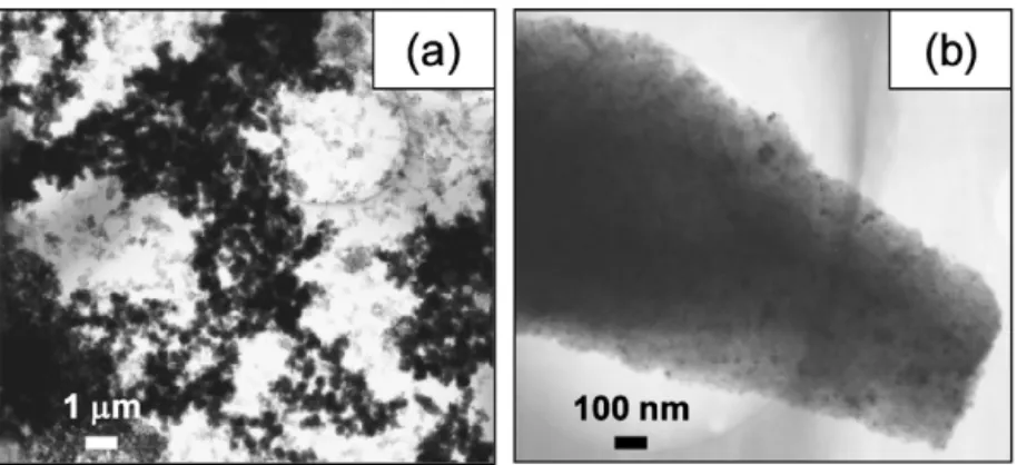 Fig. 7. TEM micrographs showing: (a) the large aggregates of Fe 2 O 3 corresponding to the thick ﬁlm; and (b) small Fe 2 O 3 nanoparticles.