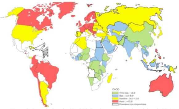 Figure 1 : La maladie carieuse (évaluée au moyen de l’indice CAOD) dans le monde chez les adultes âgés de 35-44 ans en 2003 [35]