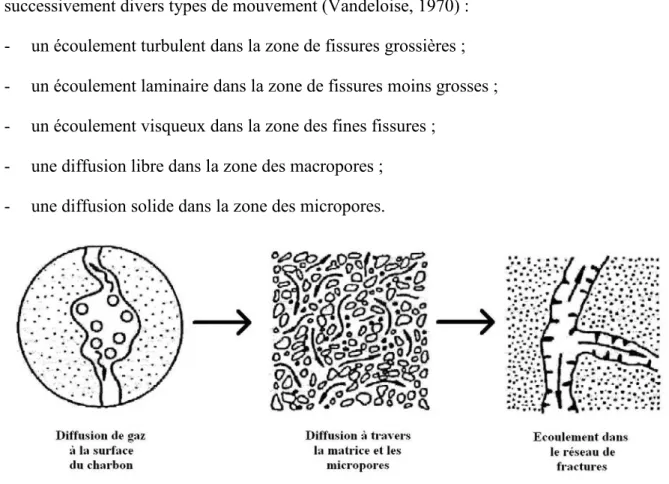 Figure  7 :  Modèle  de  migration  du  CH 4   à  travers  le  charbon :  désorption,  diffusion  et  écoulement de Darcy (Gamson et al., 1996) 