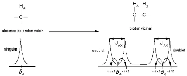 Figure  4:  Dédoublement  du  signal  de  deux  protons  voisins  en  spectroscopie  RMN  1 H