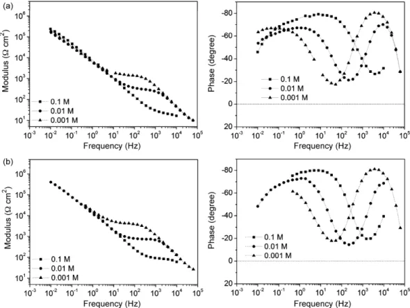 Fig. 4. Local electrochemical impedance diagrams obtained with two capillaries (Bode representation): (a) 250 ␮m and (b) 480 ␮m in electrolytes containing sodium chloride at different concentrations: () 0.1 M, (䊉) 0.01 M and () 0.001 M.