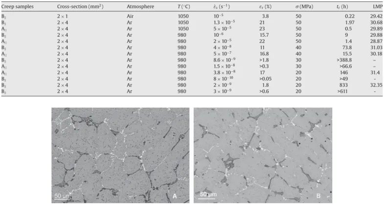 Fig. 6. Microstructures of A and B materials after creep test at 980 ◦ C under 40 MPa in argon.