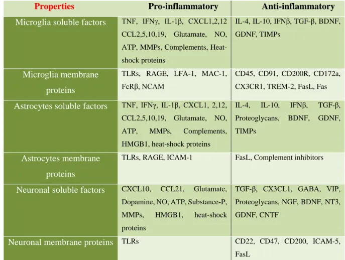 Table 2: Soluble factors and membrane proteins expressed by microglia, astrocytes and neurons and their  pro- or anti-inflammatory properties (adapted Tian et al., 2012)