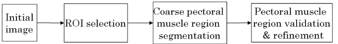 Figure 4.2: Flowchart of the strategy to perform for pectoral muscle removal in mammograms