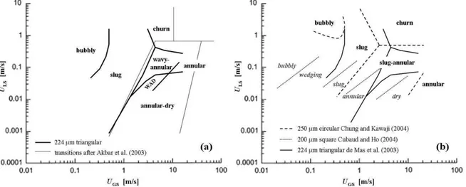 Figure 2.15: Flow pattern maps of nitrogen-acetonitrile flow reported by de Mas et al