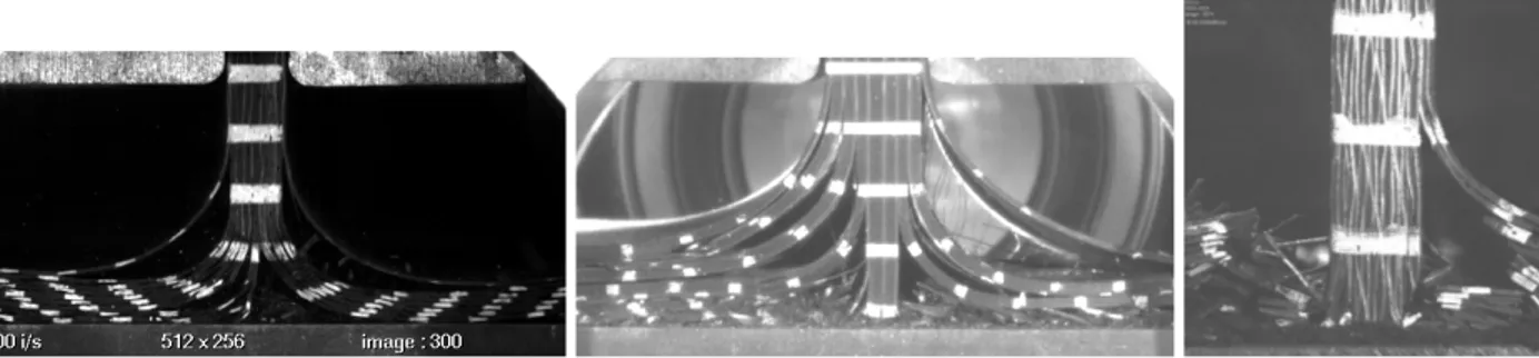 Fig. 4. Exemples de modes d’écrasement observés (de gauche à droite) :  Evasement sans dommage : plaque de G803/914 - trigger chanfrein  Mode mixte (évasement + fragmentation) : plaque de T700/M21 - trigger chanfrein 
