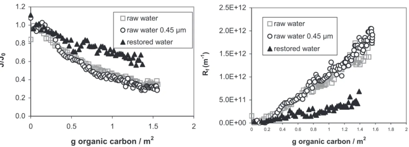 Fig. 7: Comparison of fouling by raw water, prefiltered raw water and restored water  Firstly, raw water and prefiltered raw water present the same decline of flux (up to 70%) – at  least  for  the  duration  of  our  experiments  –  which  confirms  the  