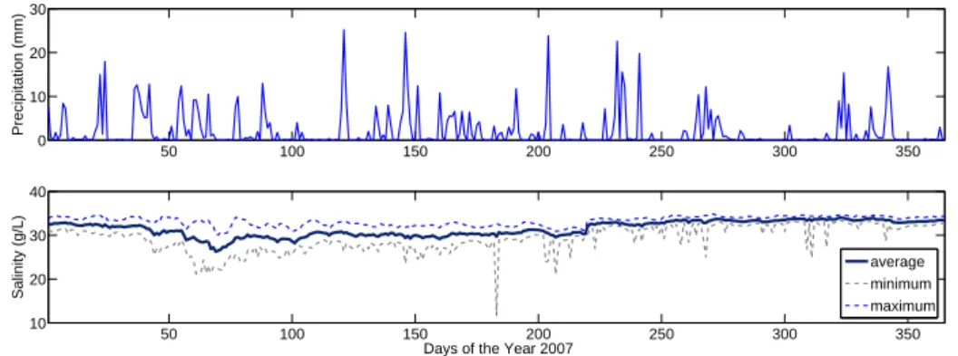 Figure 2.6: Precipitation (top) and water salinity level (bottom) during the year 2007 (one data point each day)