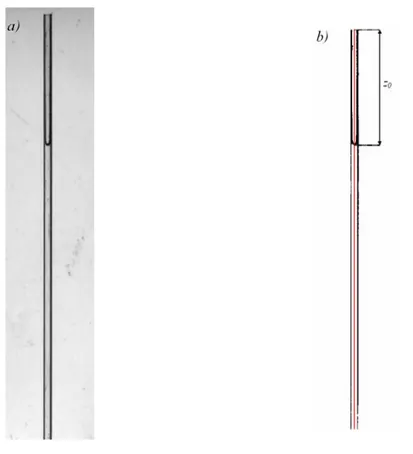 Fig. 2.9 – a) Exemple d’image brute d’un tube capillaire carré visualisé par ombro- ombro-scopie pour la mesure de la position du ménisque principal
