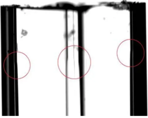 Fig. 2.15 – Visualisation des sommets des films liquides après décrochage. Seulement 3 films sur 4 sont visibles.