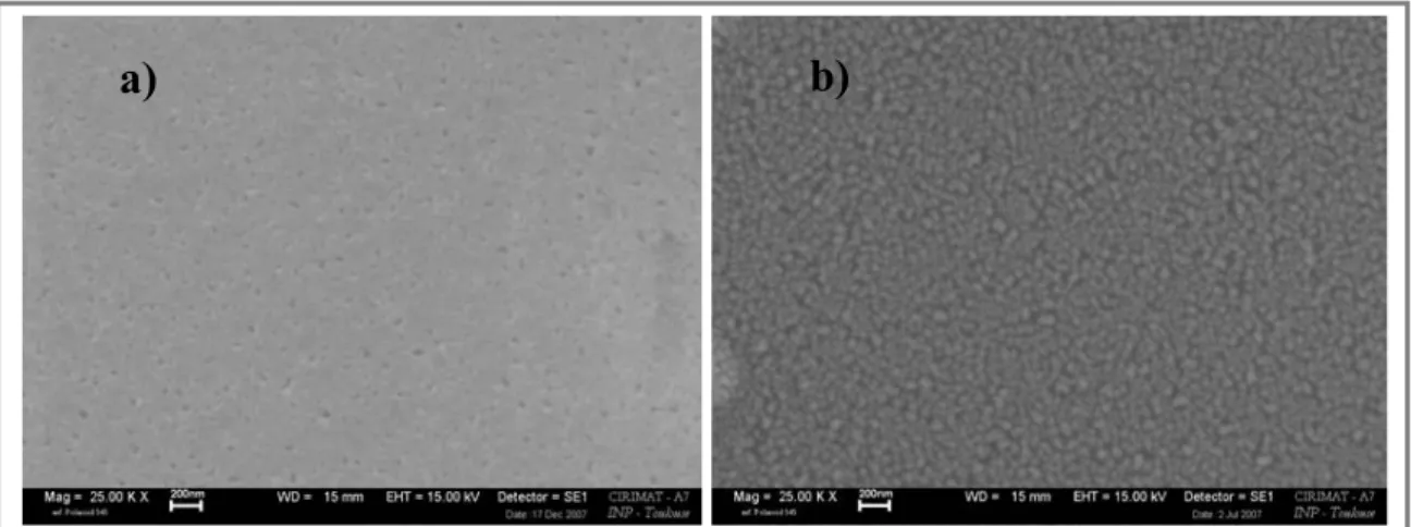 Figure 12 : Images MEB de la surface de films de parylène C (masse de dimère: 0,622 g et température  de sublimation : 140 °C) a) sans gaz vecteur et b) avec 5 sccm de gaz vecteur