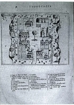 FIG.  1.1:  ANONYME,  L'île  Sainte-Croix  (1604),  gravure  d'illustration  des  Voyages  de  Champla.in  (Paris,  1613)