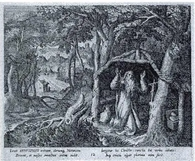 FIG.  1.4:  SADELER;  Johanes  l  et  Raphael  l  d'après  Martin  de  Vos,  Abraham  l'ermite  dans  Solitudo  sive  vitae  patrum  eremico/arum,  1585-1586,  burin,  18.8  x  20.3  cm